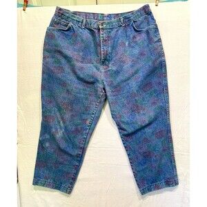 Women's Blue Denim Jean Sz 20 Short Multi color Blue, Burgandy Prairie Rose SKU7